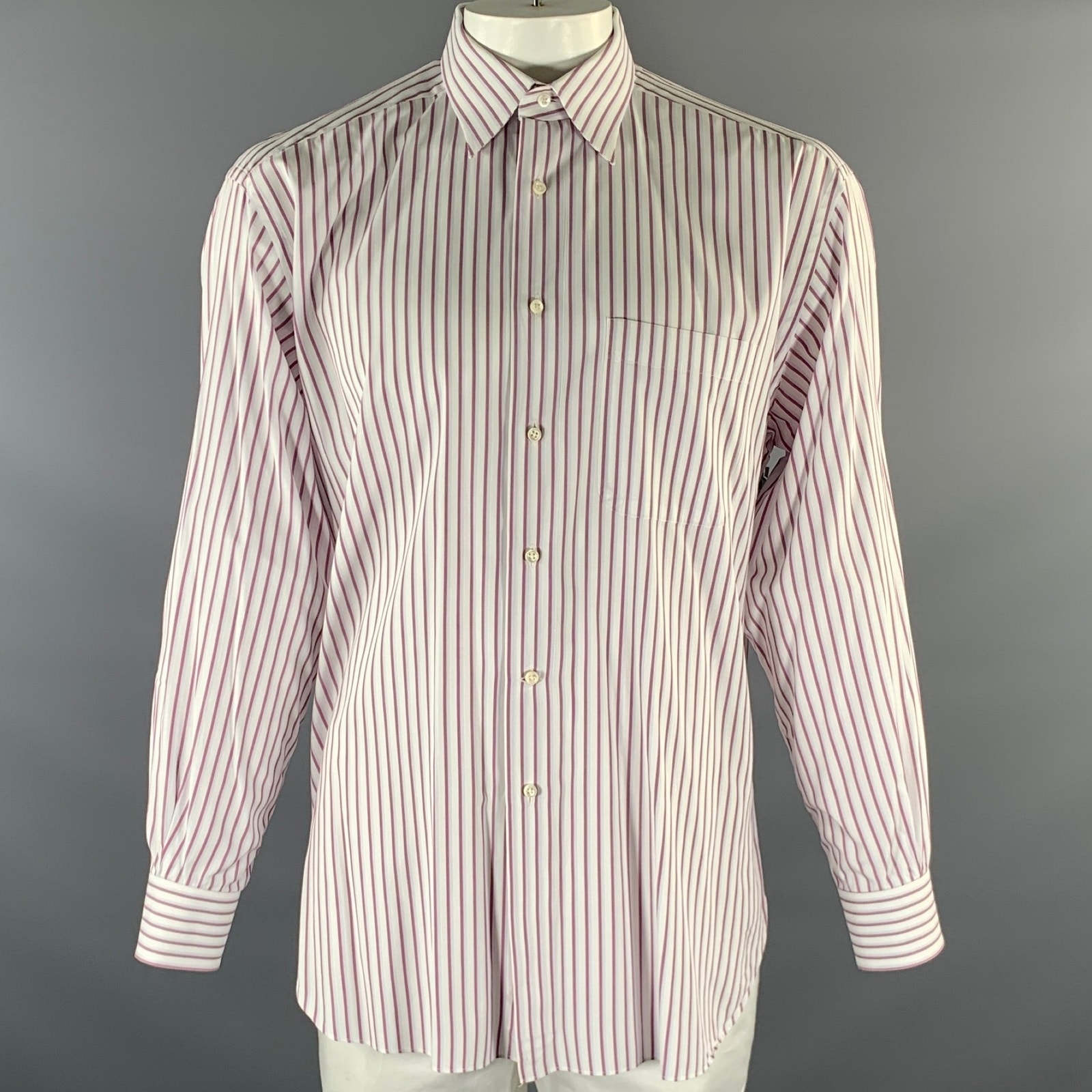 Ermenegildo Zegna White Purple Blue Stripe Cotton Pointed Collar Long Sleeve